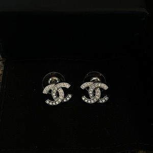 Mini Chanel Silver Crystal Stud Earrings